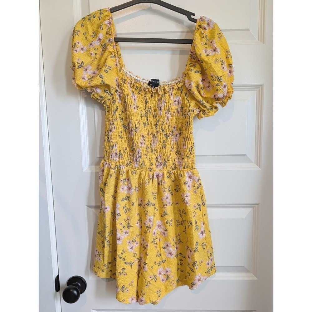 Streetwear Society Yellow Floral Smocked Puff Sleeve Romper